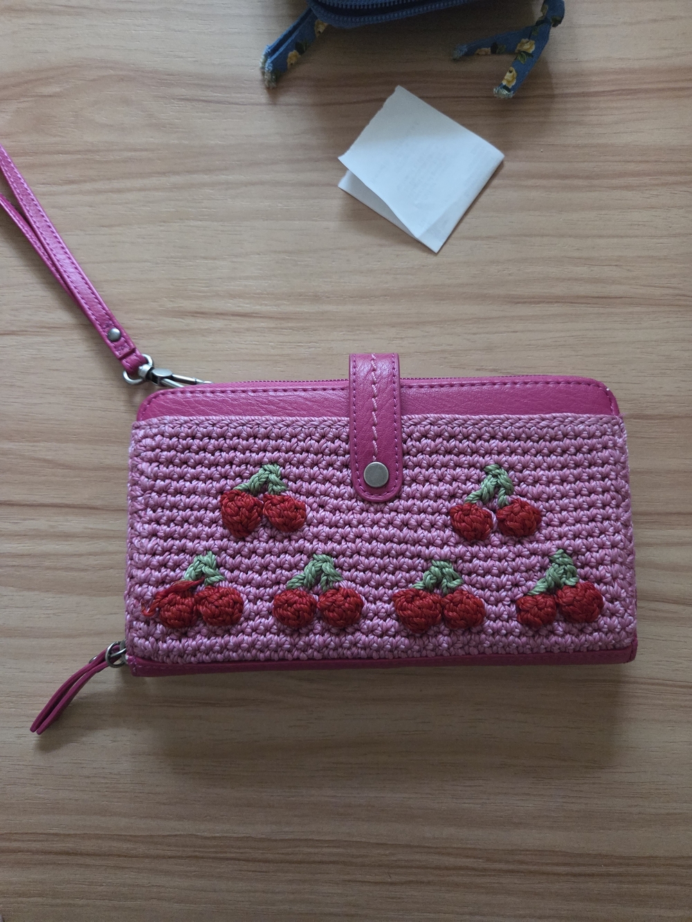 The Sak Pink Crochet Cherry Wristlet Wallet